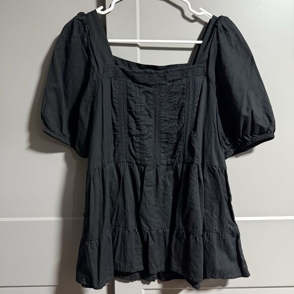 Loft Women Puff Sleeve Tier Square Neck Boho Lace Pintuck Front Black Medium - Picture 1 of 6